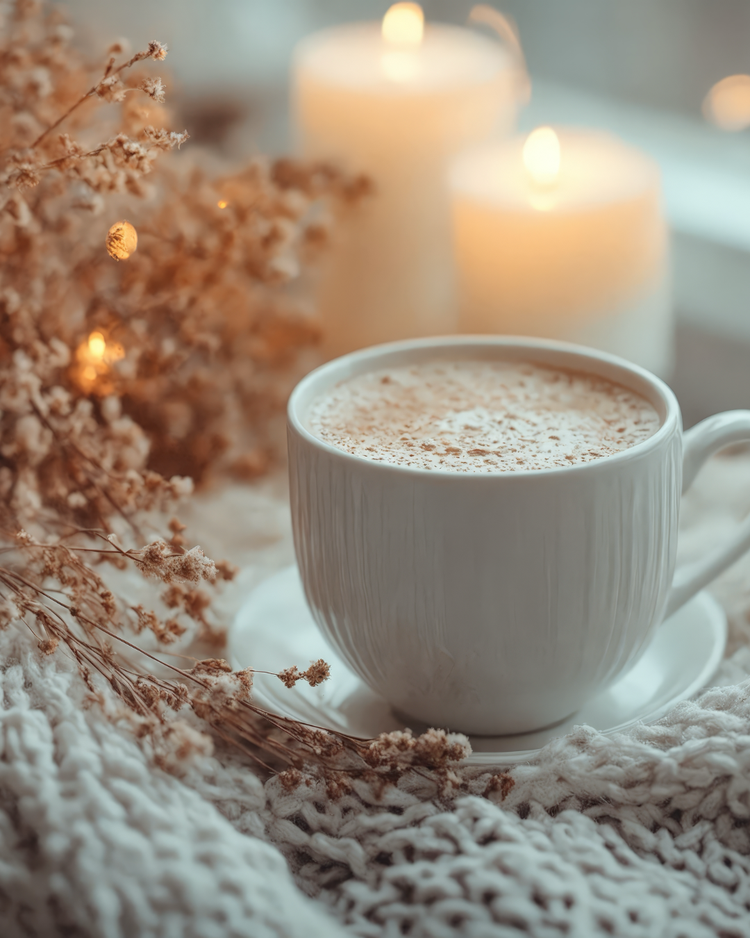 A calm setting with a coffee cup, two lit candles, and soft materials