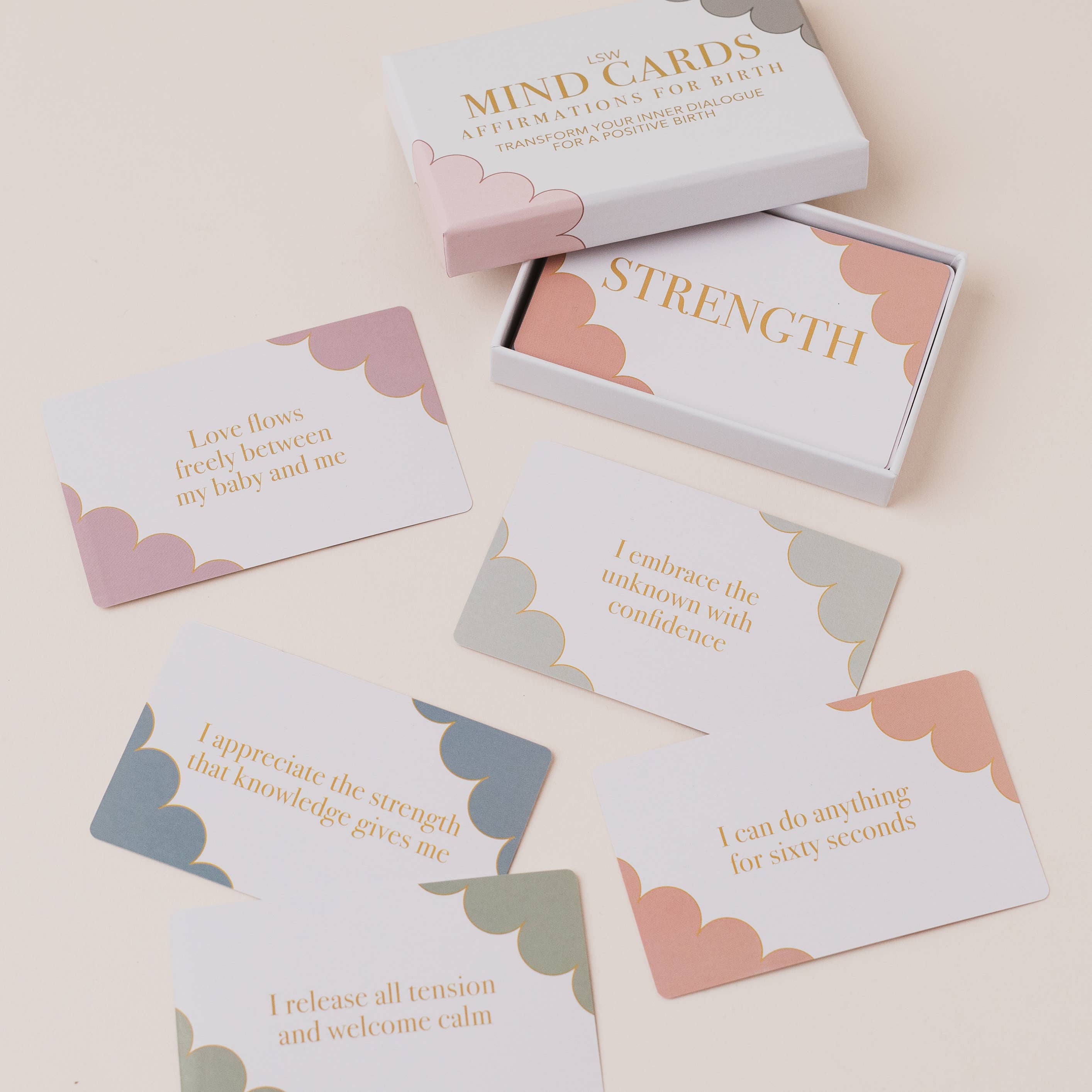 Set of affirmation cards with motivational phrases on a light background