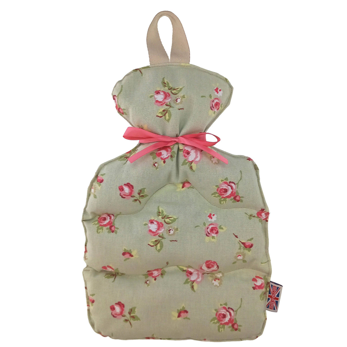 A quilted wheat bottle cover made of sage green fabric with a pink and green rose floral print, tied with a pink ribbon at the neck, on a plain white background.