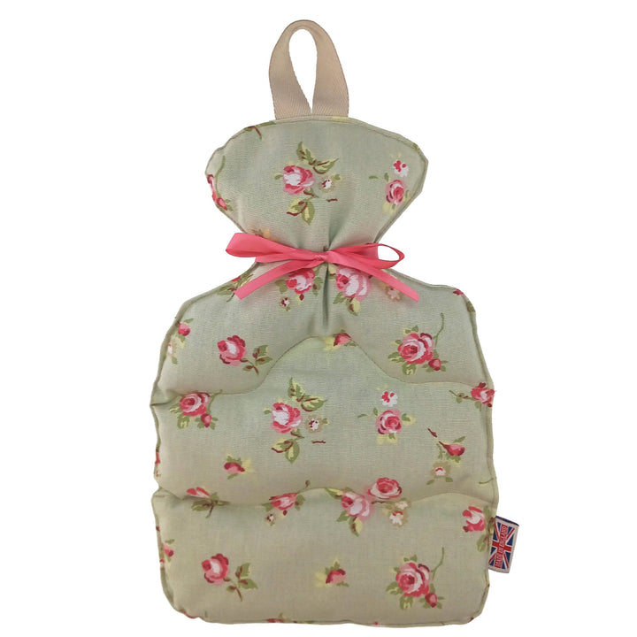 A quilted wheat bottle cover made of sage green fabric with a pink and green rose floral print, tied with a pink ribbon at the neck, on a plain white background.