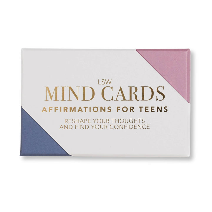 LSW Mind Cards Affirmations for Teens affirmation card box, featuring a white background with gold lettering and geometric pink and blue corner accents.