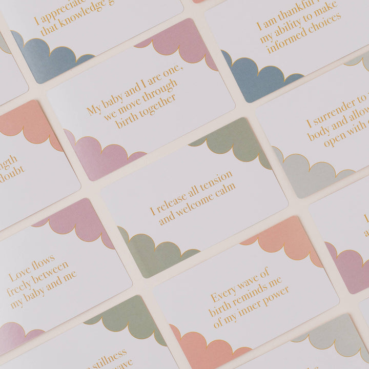 Set of mind cards with motivational phrases and cloud designs on a light background