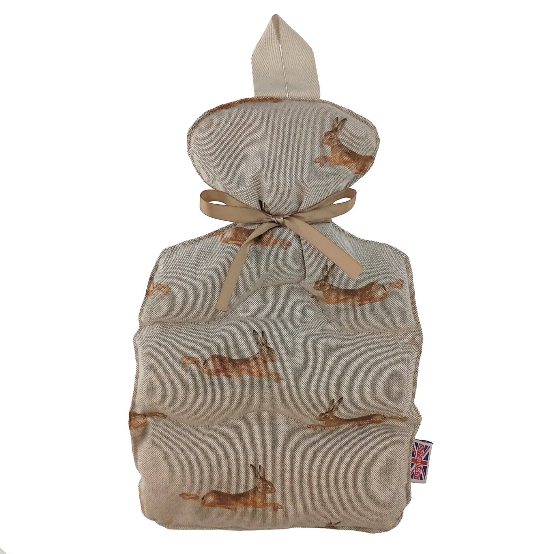 A fabric wheat bottle cover with a beige hare pattern, tied with a beige ribbon at the neck, shown on a plain white background.