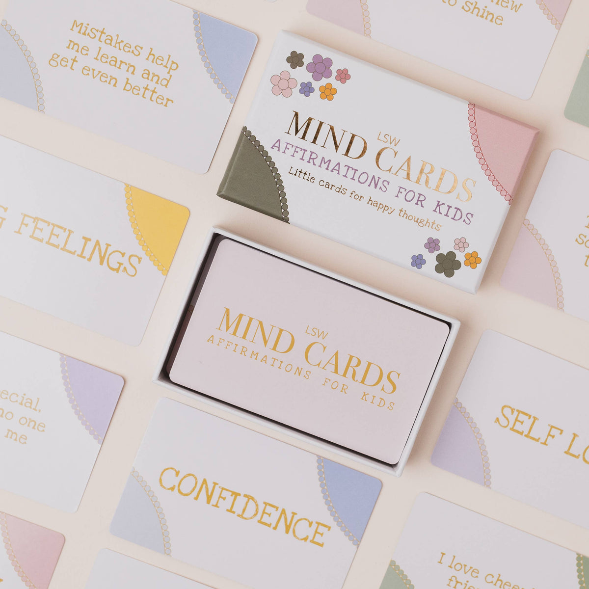 Set of 'Mind Cards' with various affirmations for kids on a light background