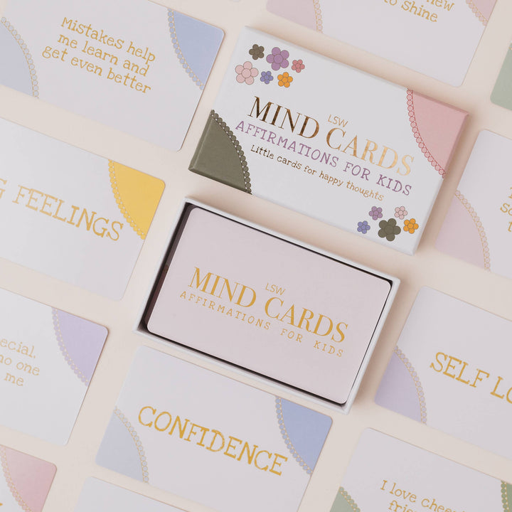 Set of 'Mind Cards' with various affirmations for kids on a light background
