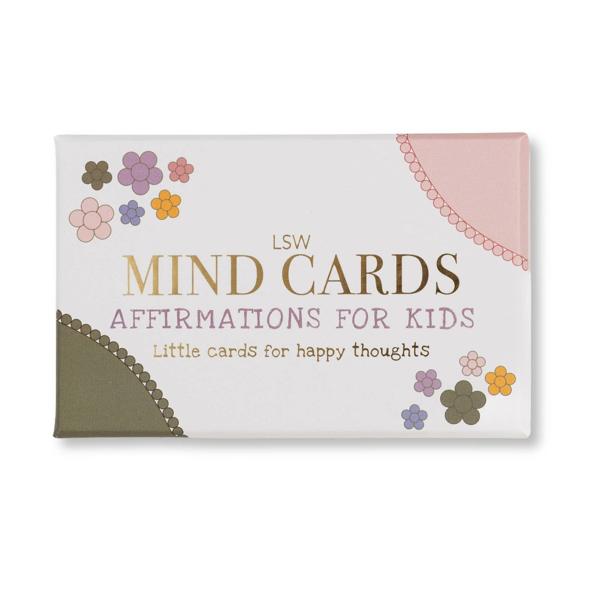Pack of affirmation cards for kids with colorful flowers on a white background