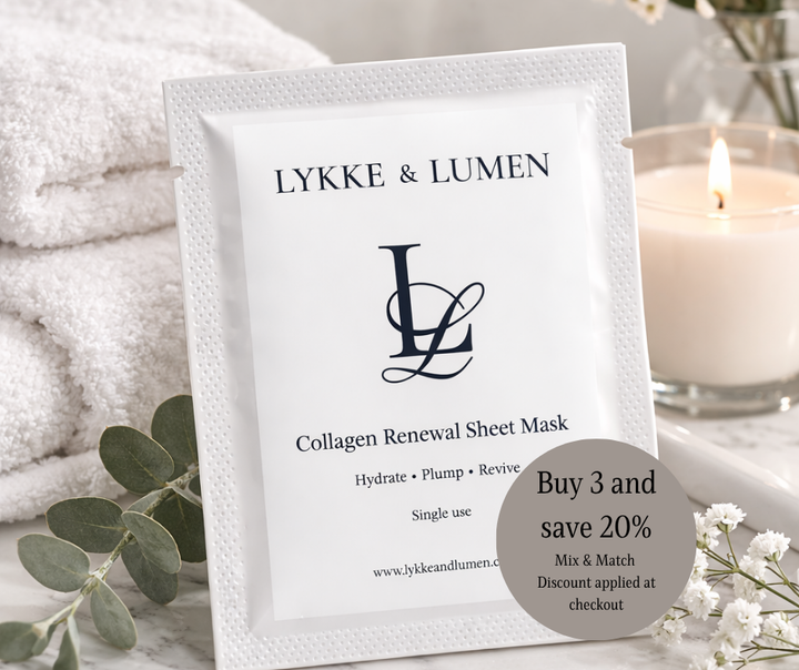 LYKKE & LUMEN collagen renewal sheet mask packaging with branding and product details.