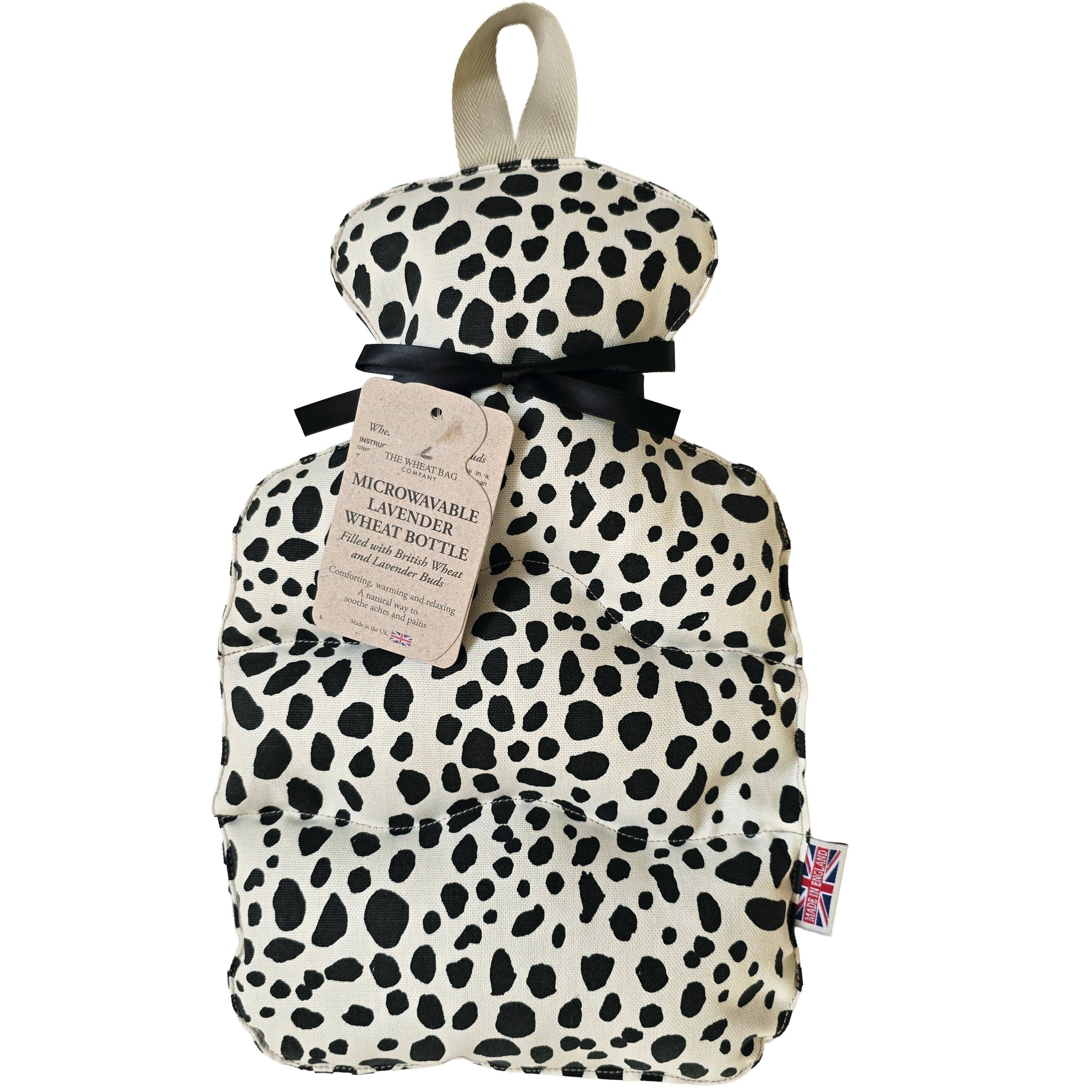 Microwaveable Lavender Wheat bottle with black and white Dalmatian pattern on a white background