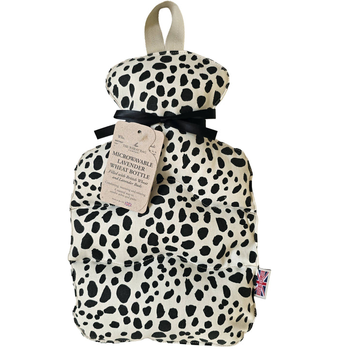Microwaveable Lavender Wheat bottle with black and white Dalmatian pattern on a white background