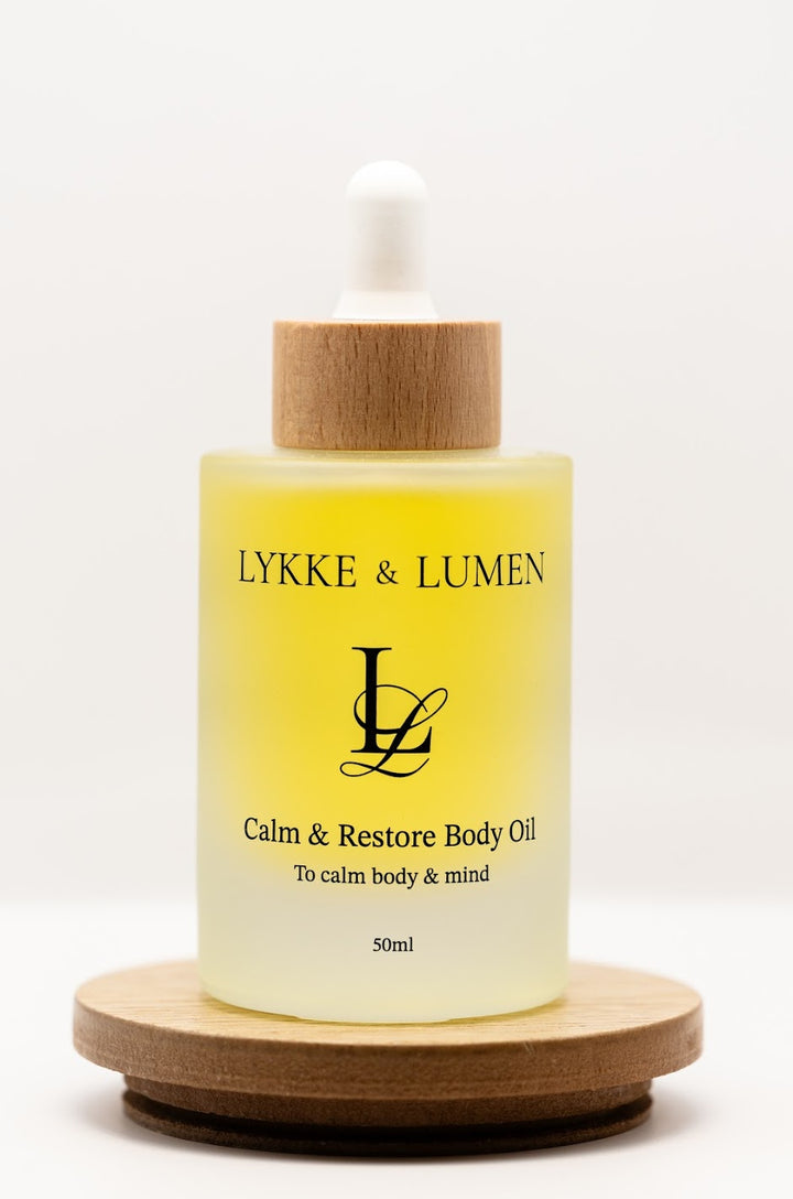 Lykke & Lumen Calm & Restore Body Oil on white background