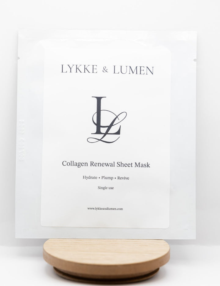 Lykke & Lumen's Collagen Renewal Sheet Mask on white background