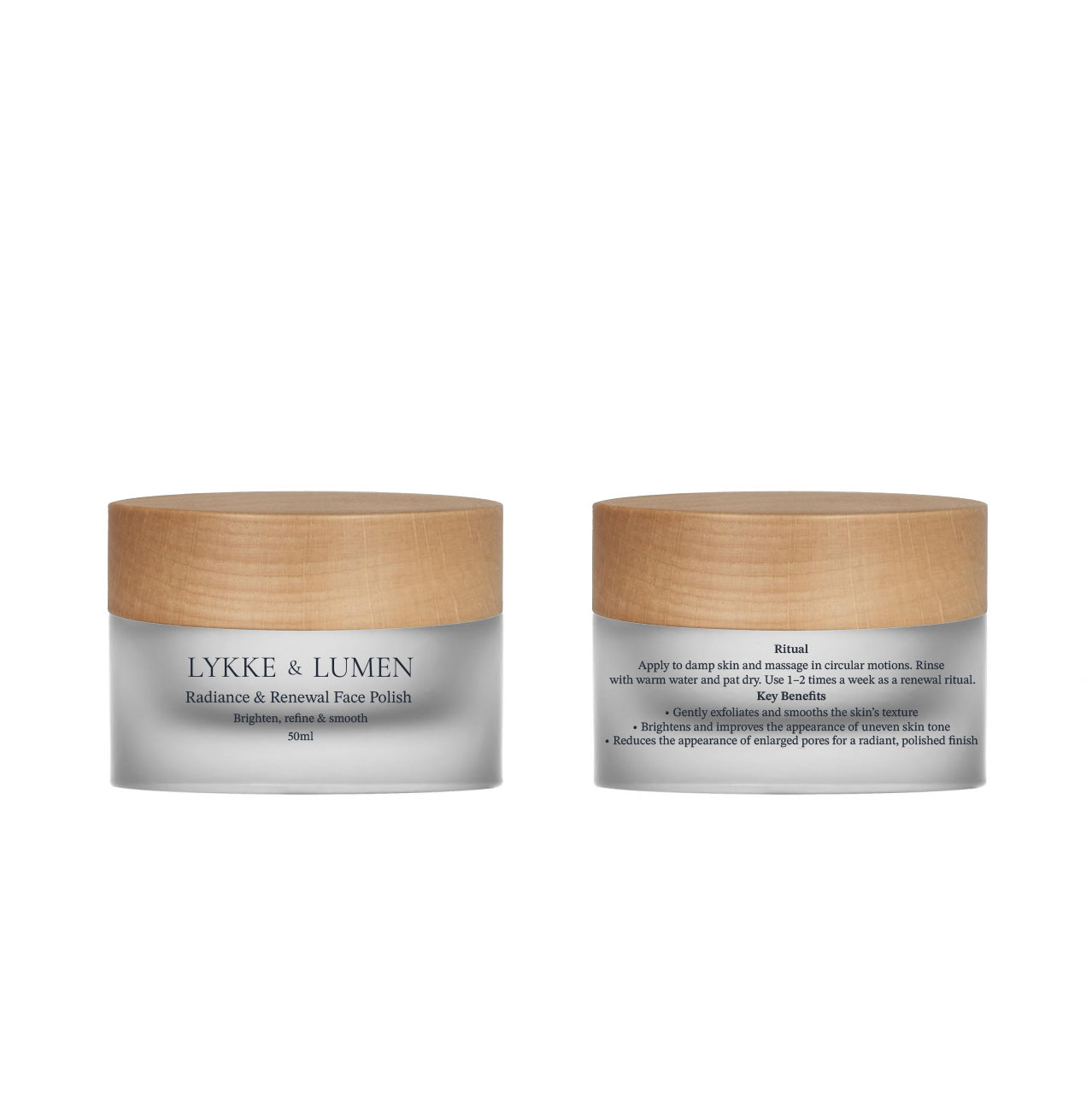 Two jars of Lykke & Lumen Radiance & Renewal face polish on a white background