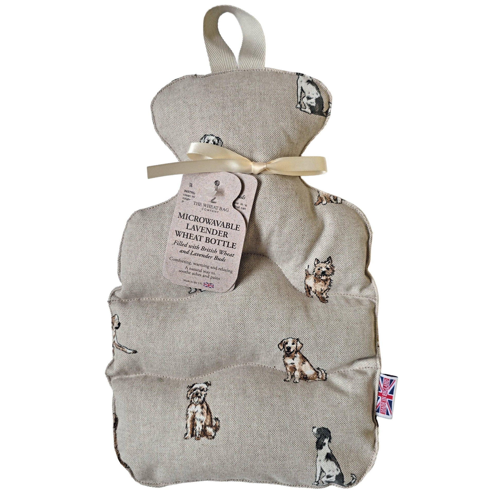 Warm & Cold Comfort Microwaveable Lavender Wheat bottle with dog pattern on a white background