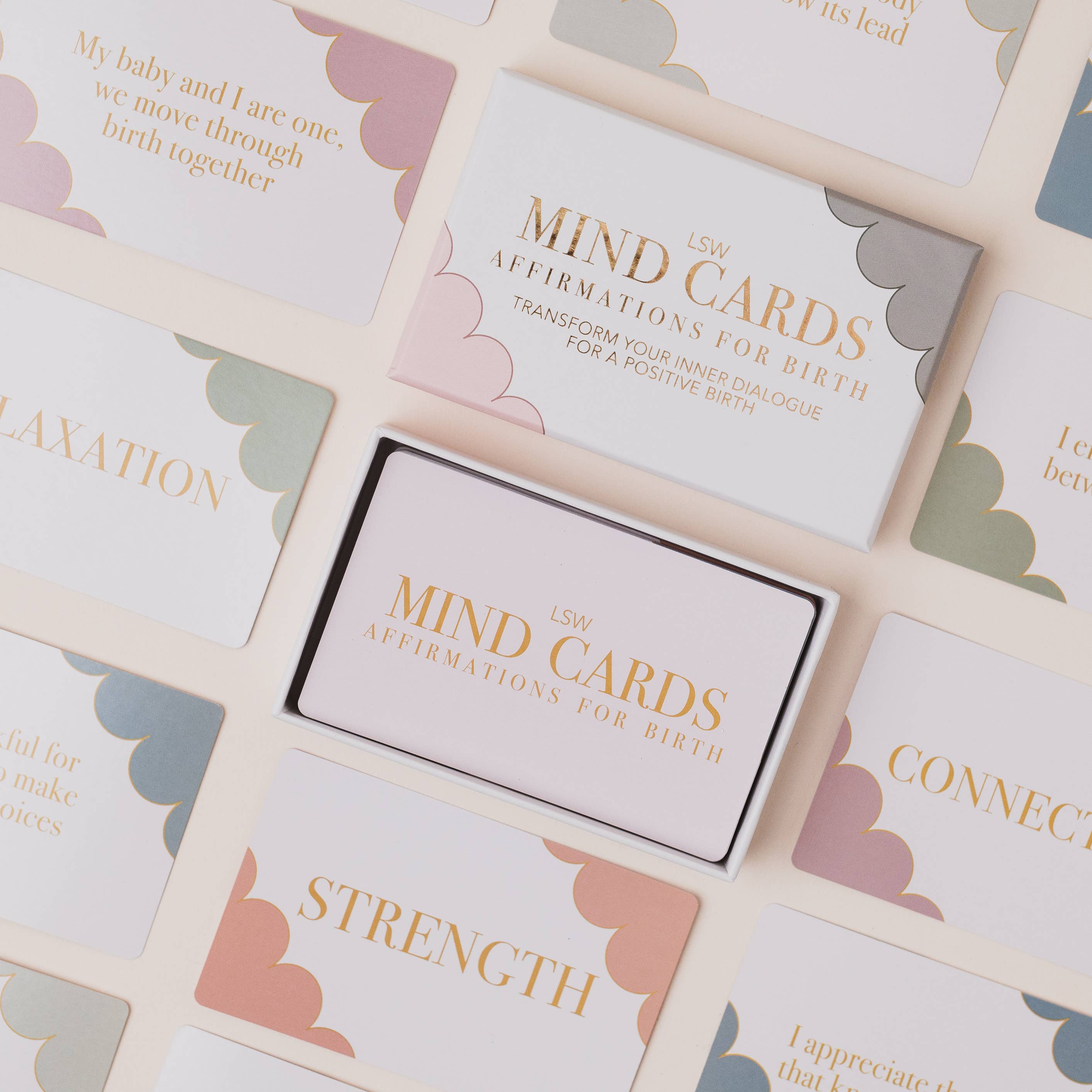 Set of 'MIND CARDS' with various affirmations on a light background