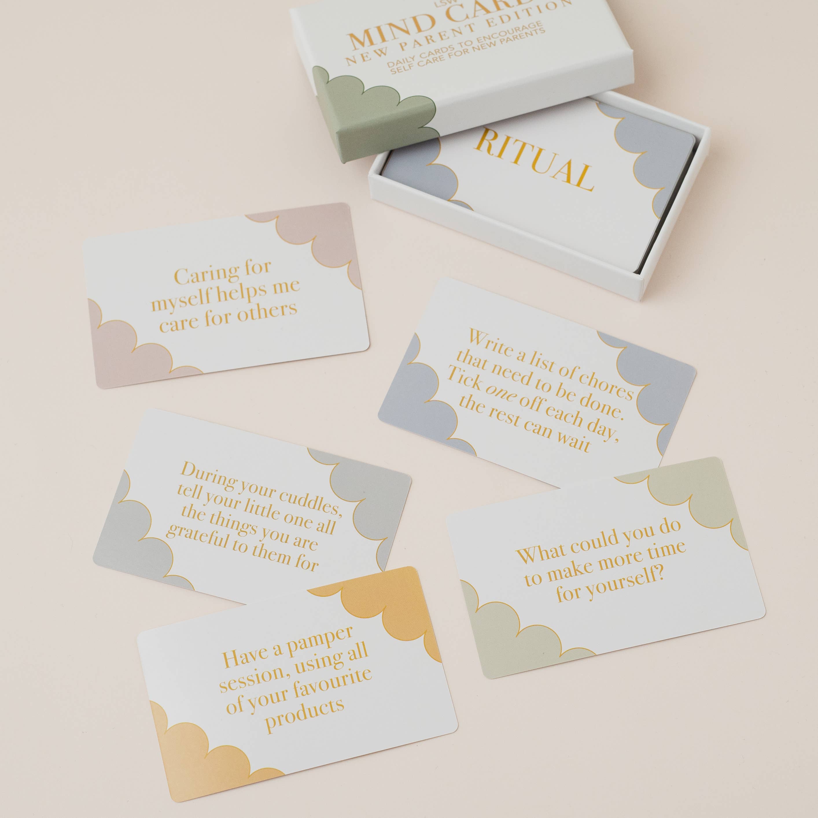 Mind care ritual cards with text on a beige background