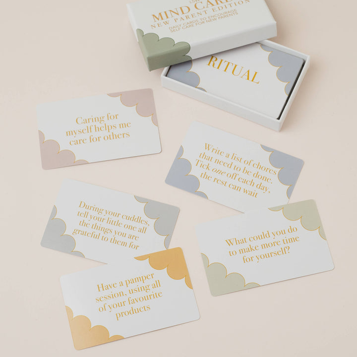 Mind care ritual cards with text on a beige background