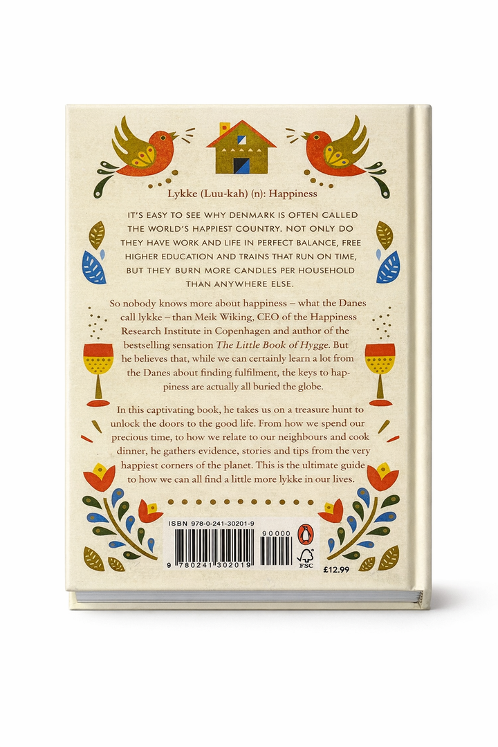 Book back cover with nordic decorative elements and text on a white background
