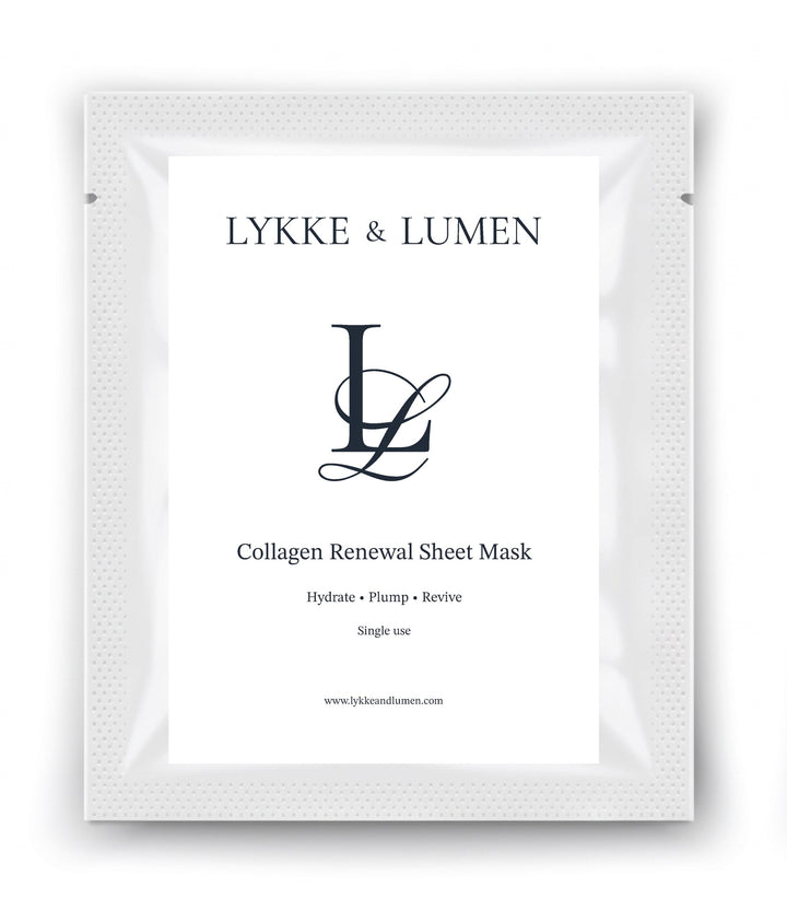 LYKKE & LUMEN collagen renewal sheet mask packaging on a white background