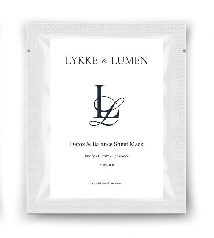 Lykke & Lumen Detox & Balance Sheet Mask packaging on white background