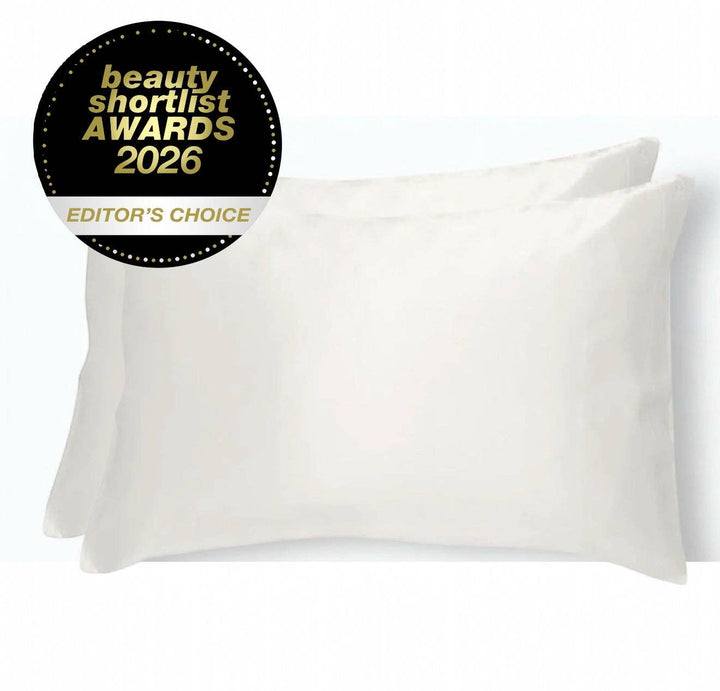 White pillow with 'Beauty Shortlist Awards 2026 Editor's Choice' badge on a white background