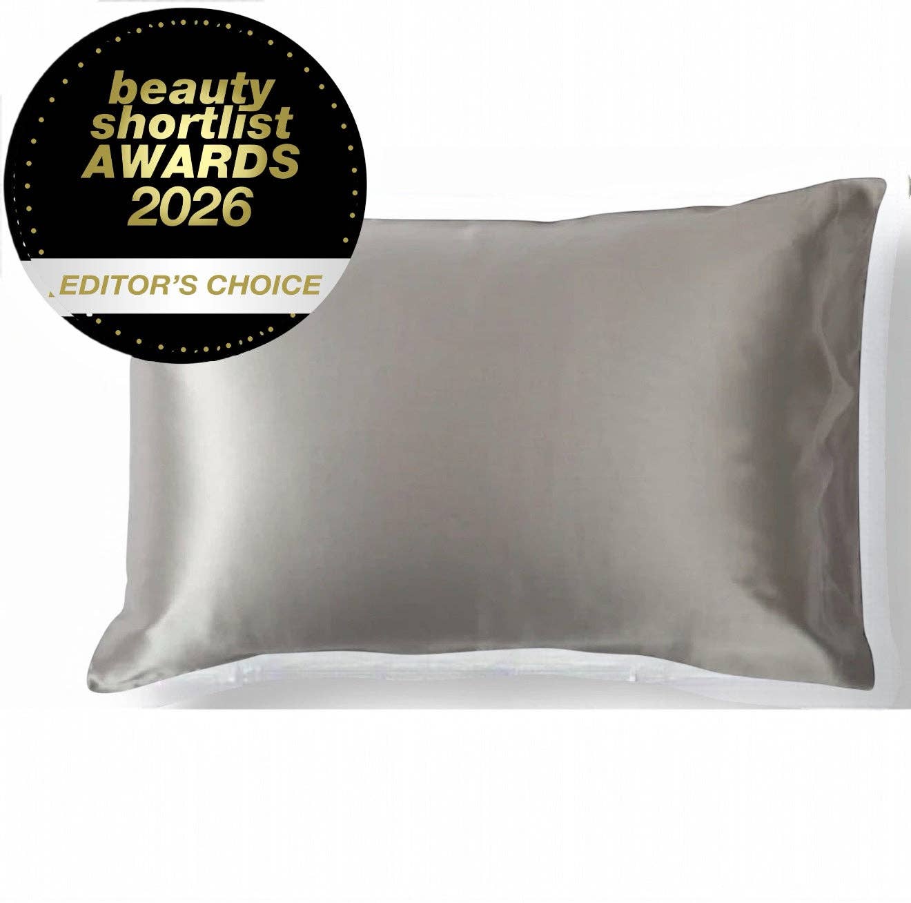 Silk pillowcase with 'Beauty Shortlist Awards 2026 Editor's Choice' badge on a white background