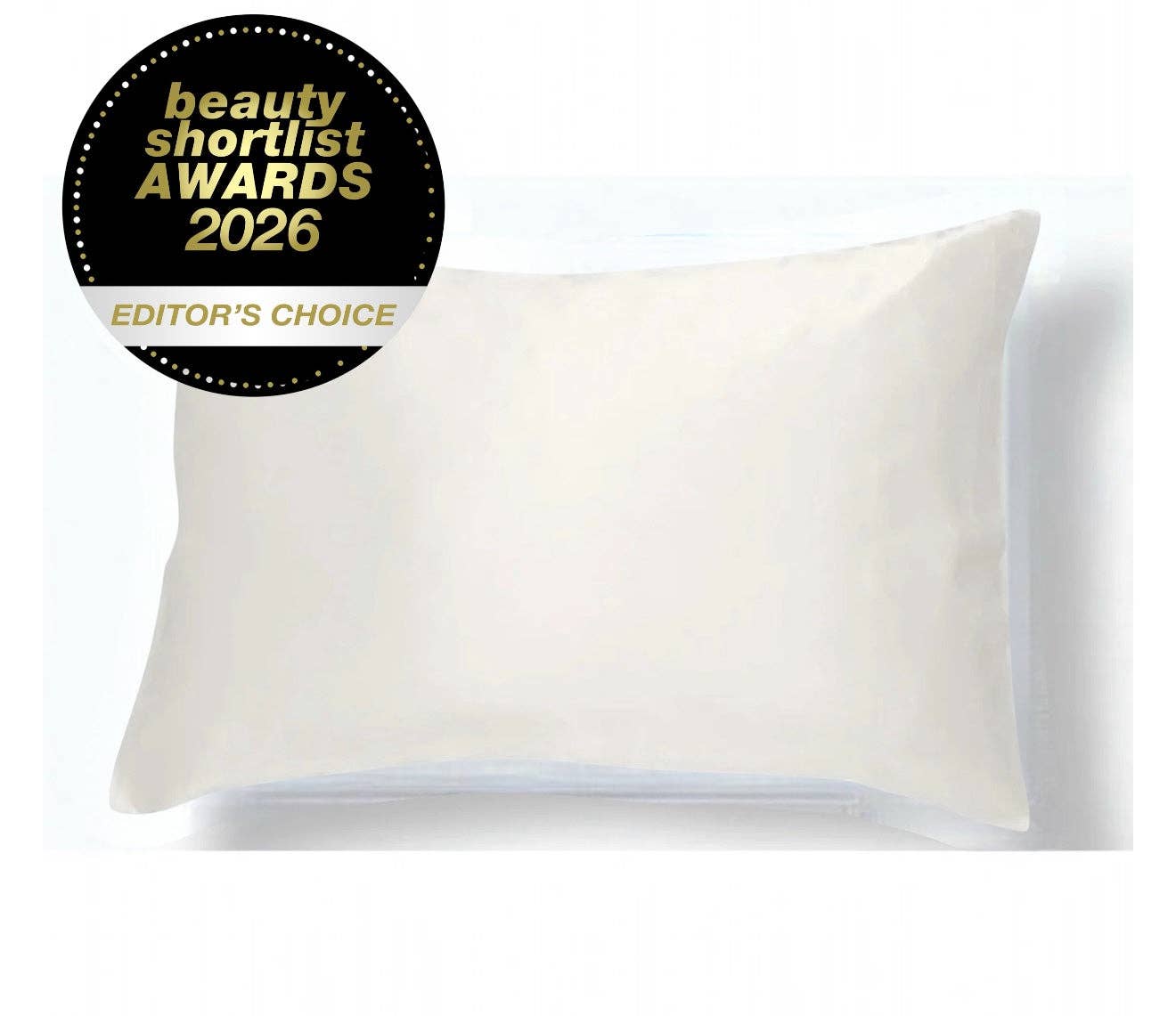 White pillow with 'Beauty Shortlist Awards 2026 Editor's Choice' badge on a white background
