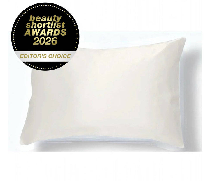 White pillow with 'Beauty Shortlist Awards 2026 Editor's Choice' badge on a white background