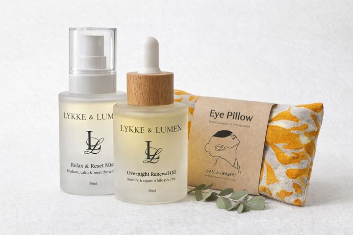 Lykke & Lumen skincare products x 2 and an eye pillow on a white background