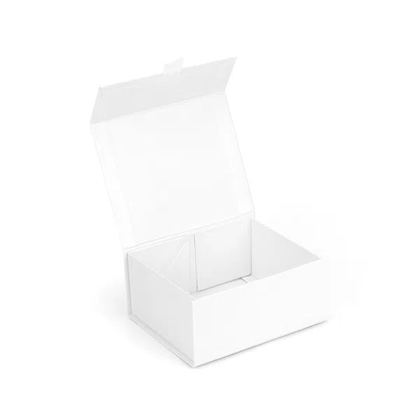 White rectangular gift box with an open lid on a white background