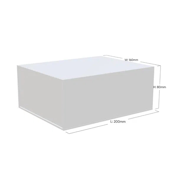 White rectangular box with dimensions labeled on a white background